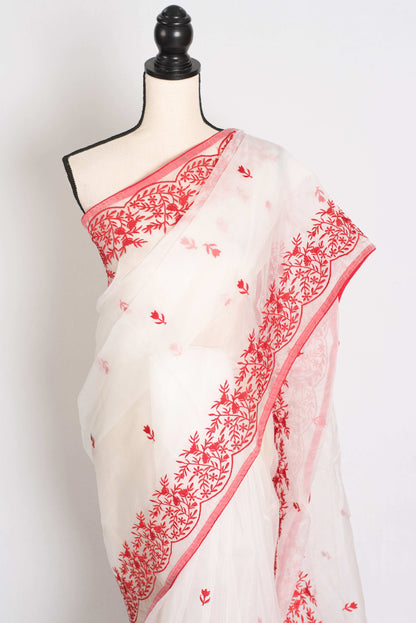 Noori : White and Red Semi Organza Embroidery Designer Saree image 5