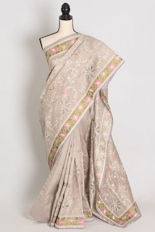 Sriti: Dove Grey Semi Tussar Silk Saree with Floral Cut Work Embroidery image 0