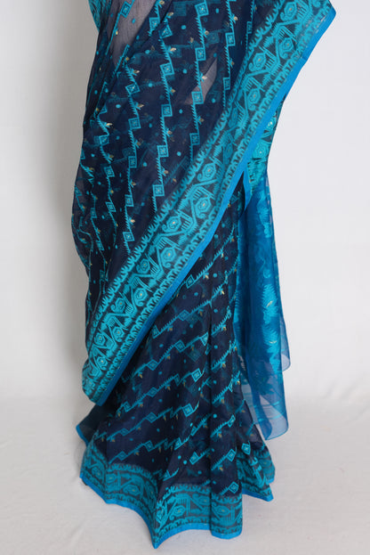 Neelam : Navy Blue and Turquoise Soft Blended Cotton Jamdani Saree image 5