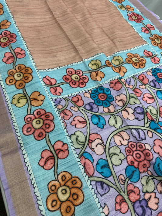 Brinda: Rustic Brown & Cerulean Blue Semi Tussar Saree | Floral Kalamkari Print image 0
