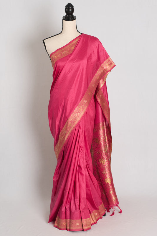 Ranjana : Budget Friendly Blended Valkalam Banarasi Saree in Pink and Gold image 0
