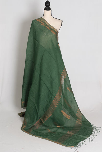 Nidhi : Forest Green Pure Linen by Linen Bengali Linen Jamdani Saree image 1