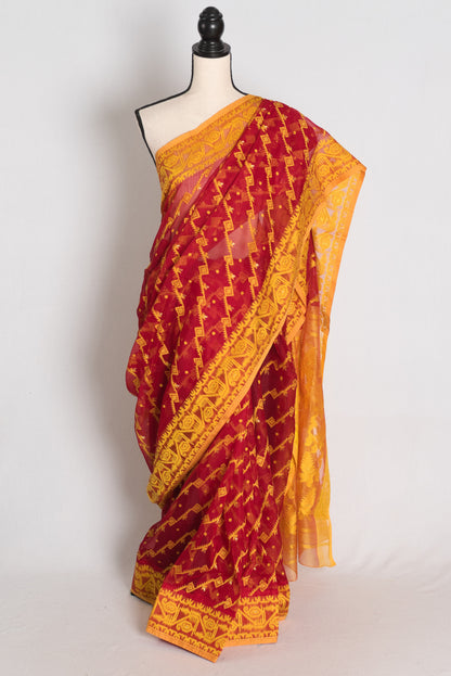Devi : Red and Yellow Soft Blended Cotton Jamdani Saree image 0