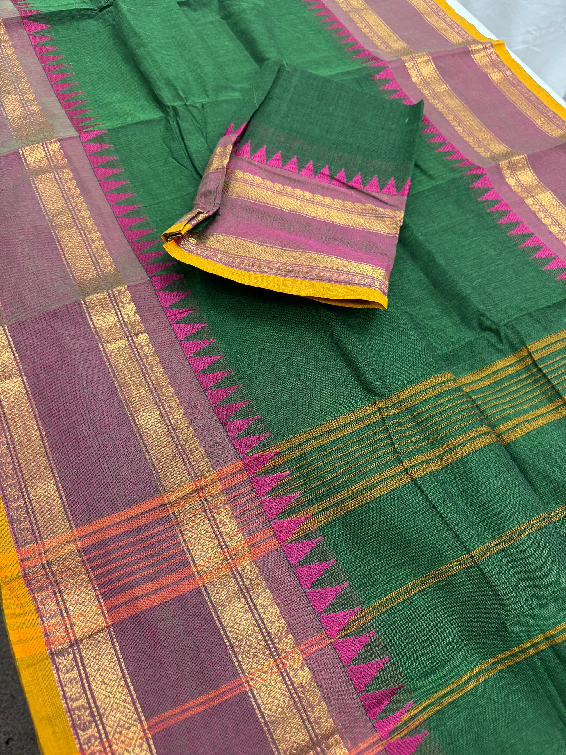 Janaki : Handwoven Kanchi Cotton Saree in Green and Matte Purple image 3