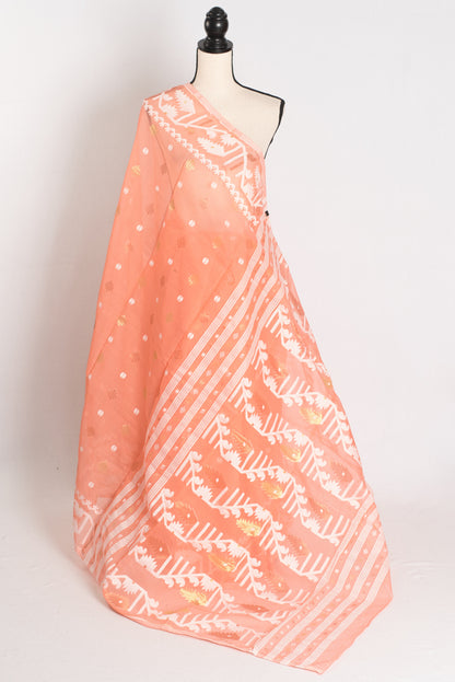 Ramani : Peach Orange Blended Soft Cotton Jamdani Bengali Saree image 1