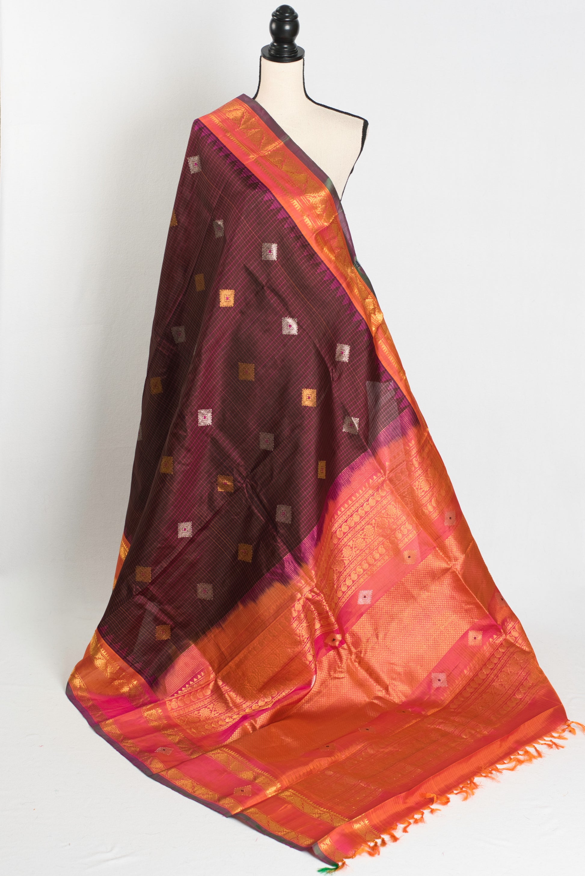 Mrinal : Exclusive Checks Kanji Gadwal Silk Saree in Coffee Brown image 1