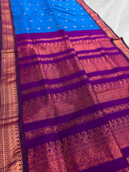 Ankhi: Bright Blue and Purple Blended Cotton Gadwal Saree image 1