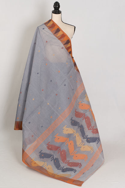 Rai: Grey and Brown Pure Cotton Jamdani Saree with Temple Border image 1