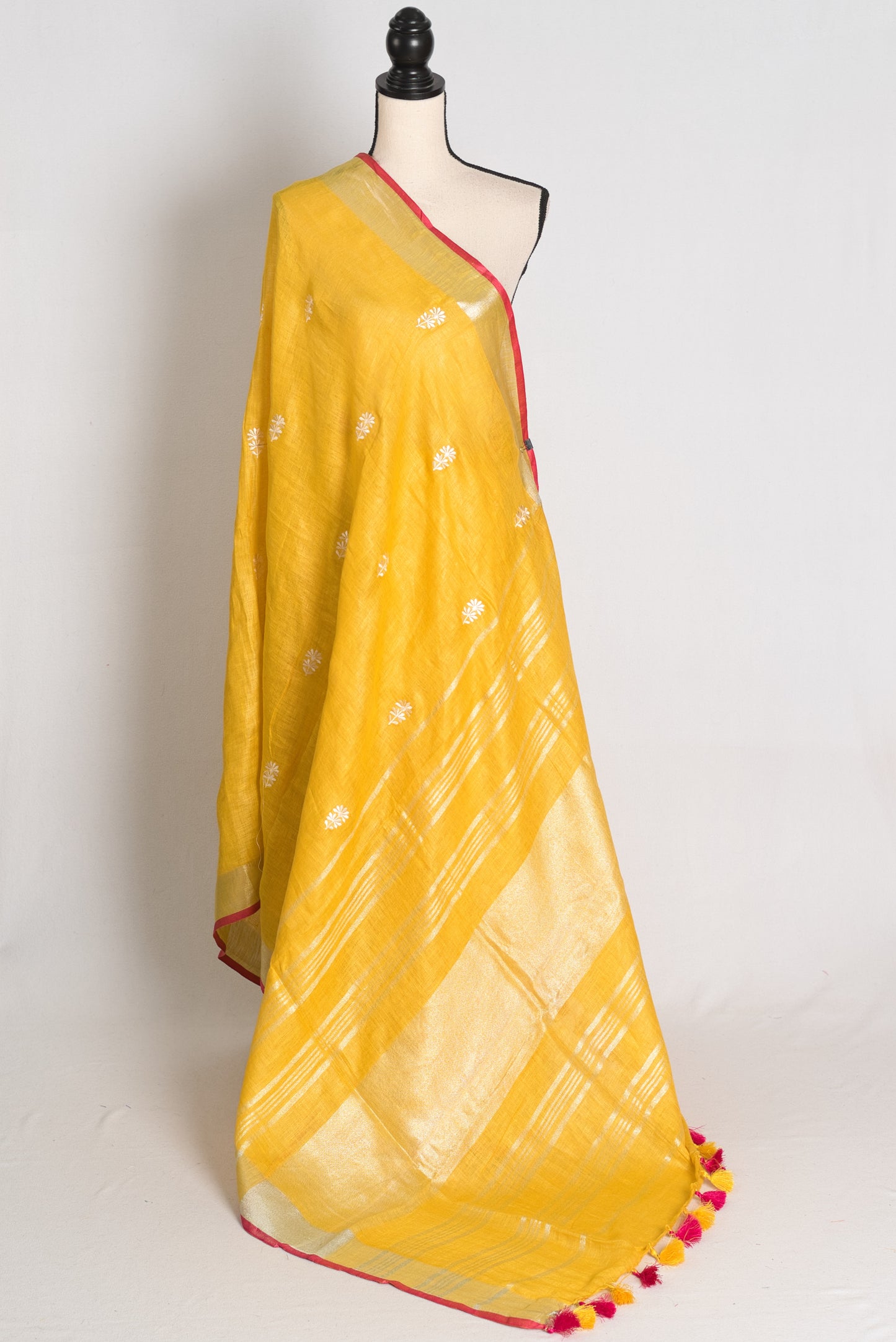 Diya : Yellow Machine Embroidered Pure Linen Saree with Silver Zari Border image 1