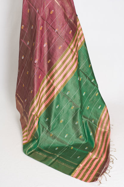 Basanti : Bishnupur Katan Silk Checks Kalakshetra Saree in Brown and Green image 3