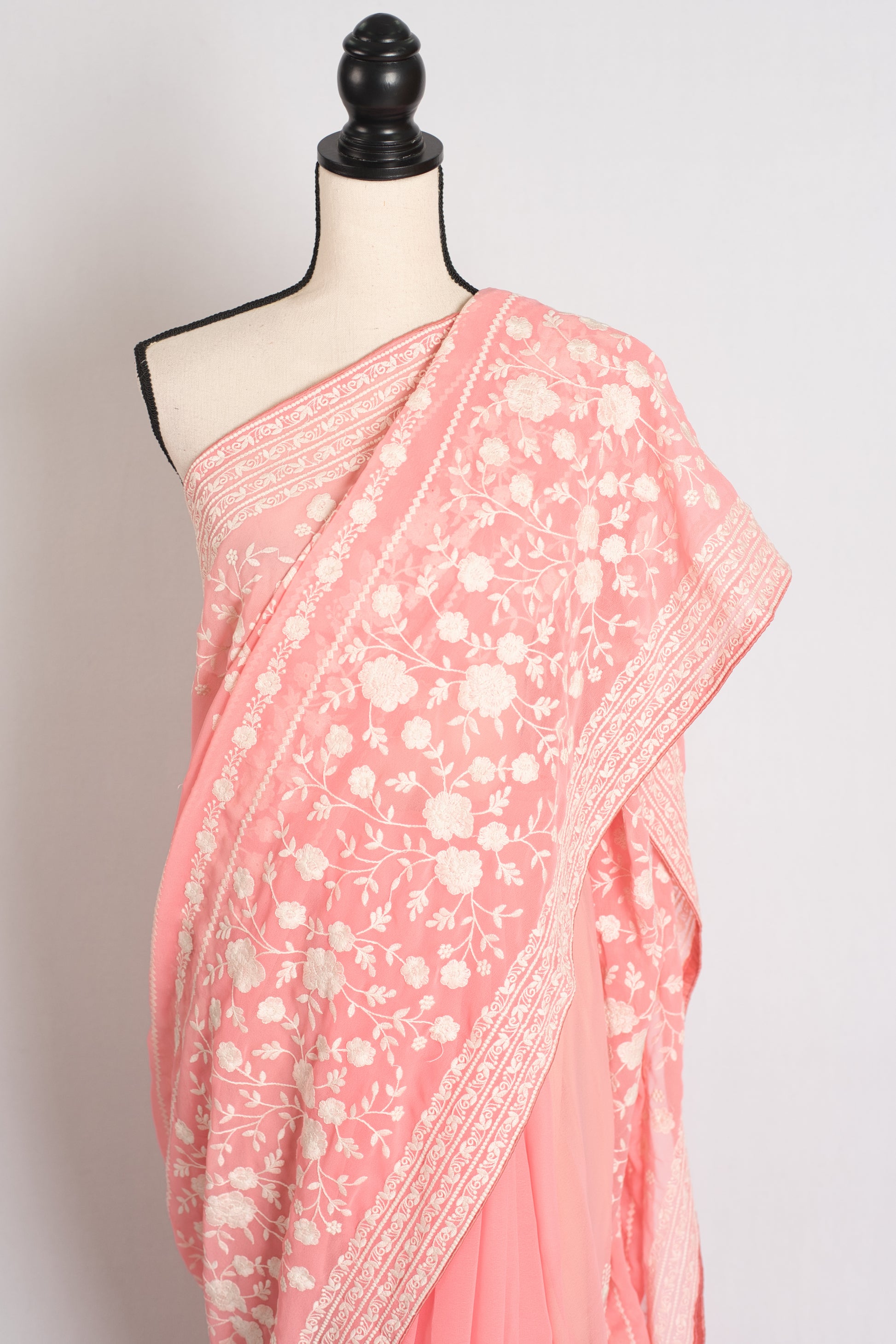Samira : Peach and White Georgette Embroidered Partywear Saree image 5