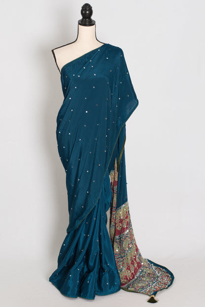 Ira | Teal Blue Mirror Work Partywear Saree | Ajrakh Printed Pallu & Blouse image 0