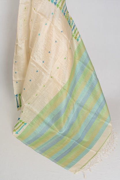 Rini: Cream Tussar Silk Saree with Blue & Green Motifs | Silk Mark Certified image 4