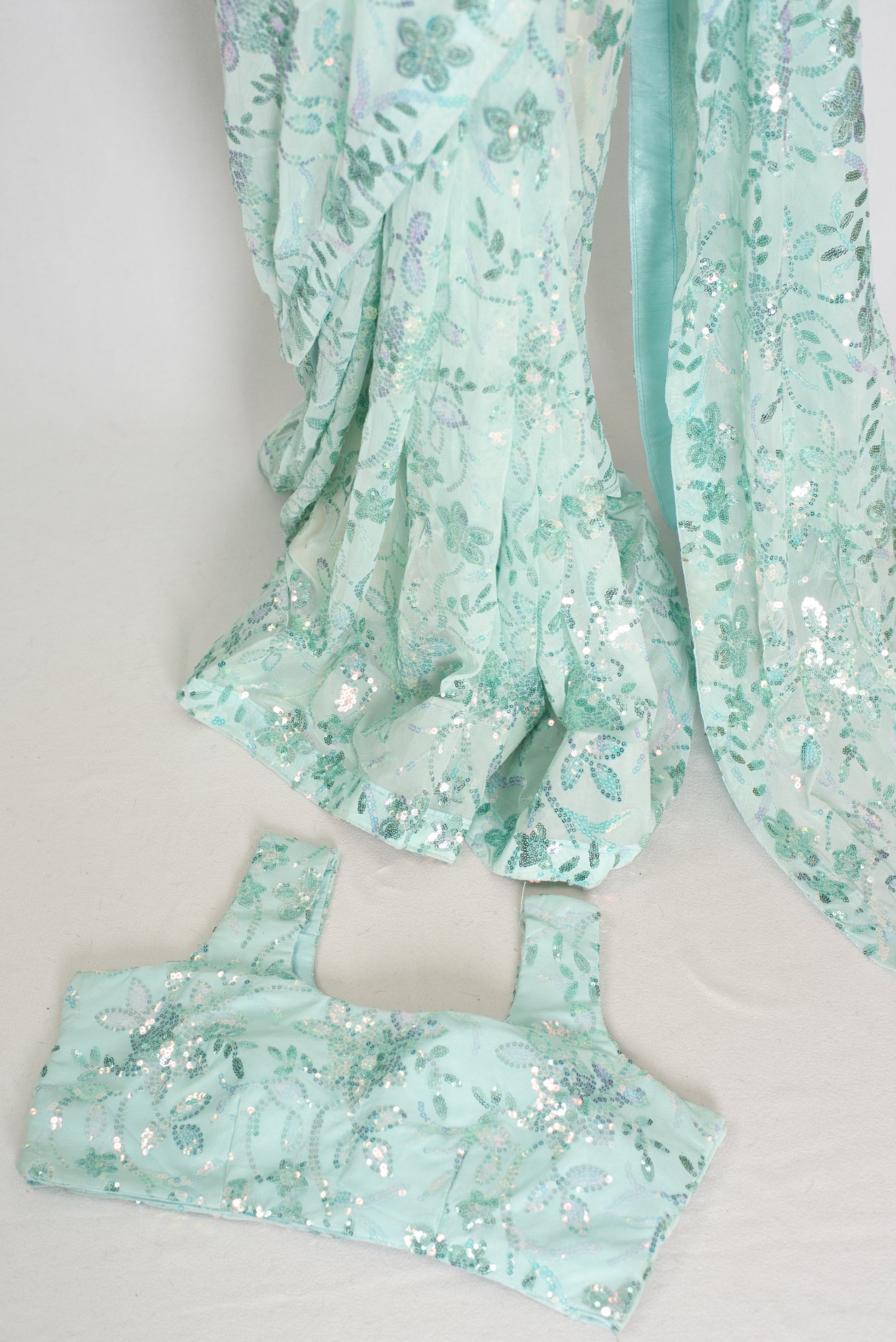 Ishq | Sea Green Soft Net Saree | Ready-To-Wear Set with Size 36 Stitched Blouse image 1