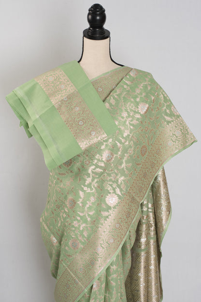 Mohini: Sea Green & Gold Jamdani Banarasi Saree | Cotton Silk Fusion image 2