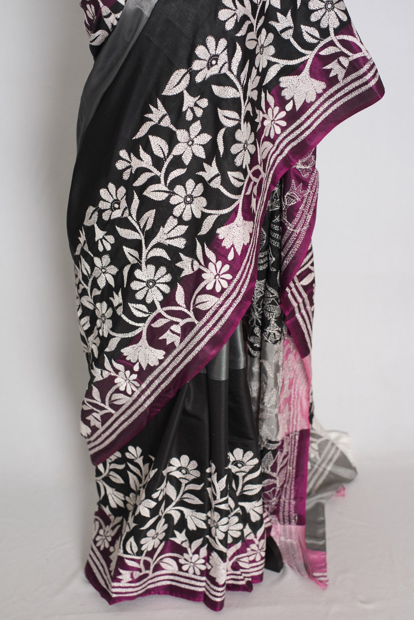 Neha : Black and Gray Hand Embroidered Kantha Stitch Semi Silk Saree image 6