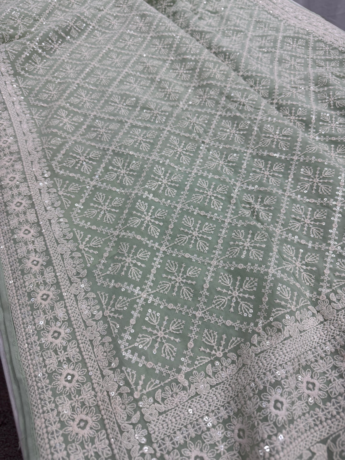 Meher - Pastel Sea Green Chikankari Embroidered Georgette Saree image 3