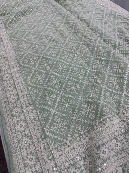 Meher - Pastel Sea Green Chikankari Embroidered Georgette Saree image 3