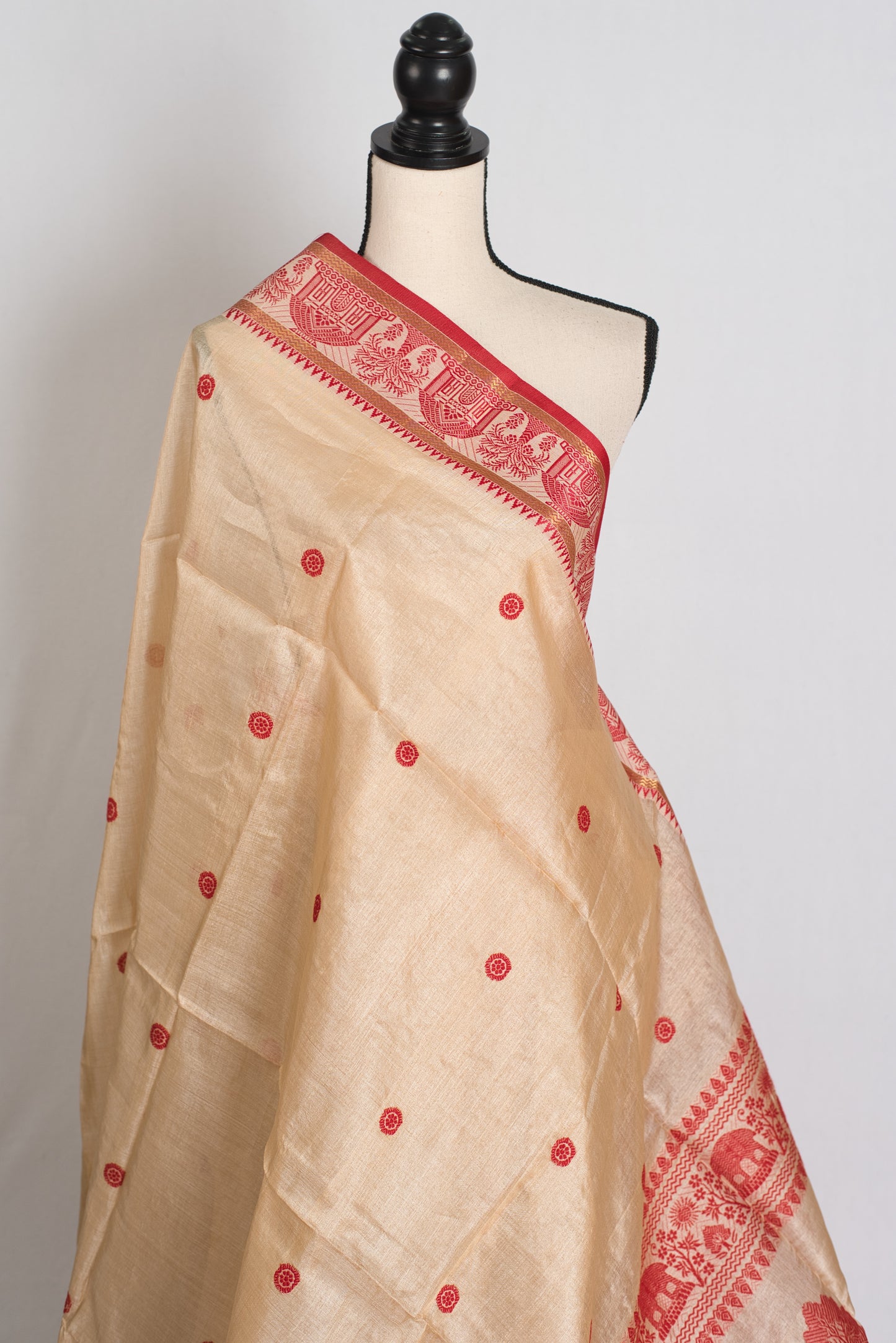 Lopamudra : Bengal Tussar Silk Saree in Beige and Red with Nakshi Border image 4