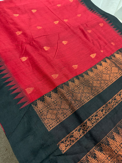 Dhriti: Dark Red Blended Cotton Gadwal Saree with Black Zari Border image 0