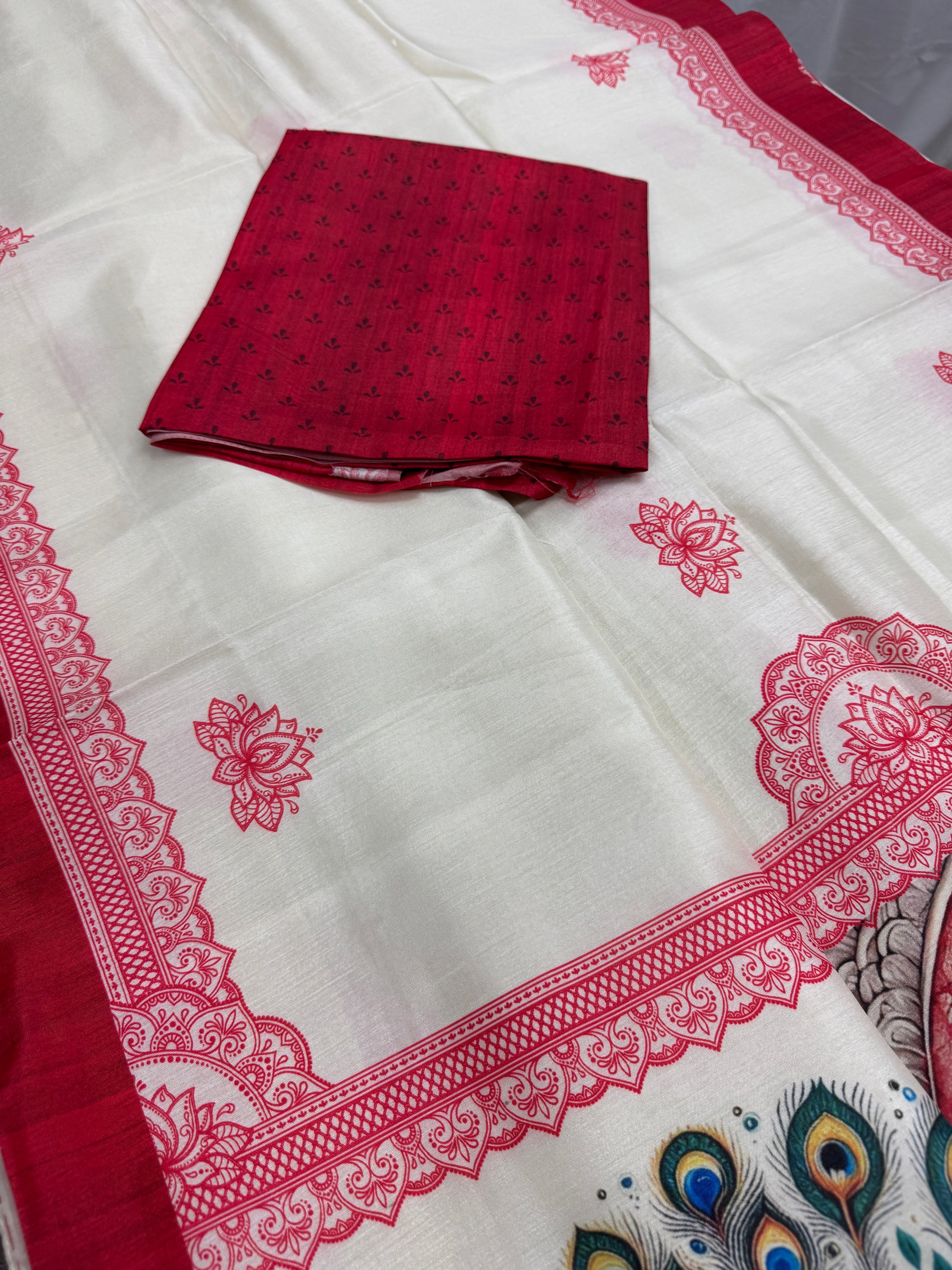 Durgaayana : Off-White and Red Semi Silk Printed Saree for Durga Puja image 1