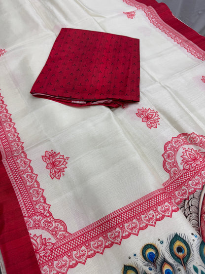Durgaayana : Off-White and Red Semi Silk Printed Saree for Durga Puja image 1