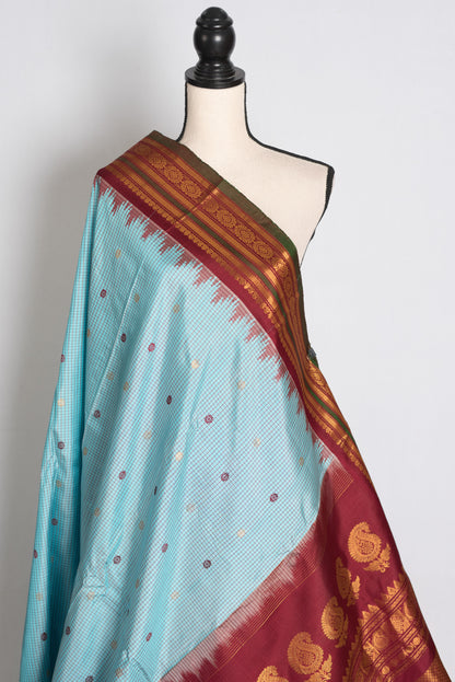 Naheed : Sky Blue and Maroon Micro Checks Handloom Gadwal Silk Saree image 4
