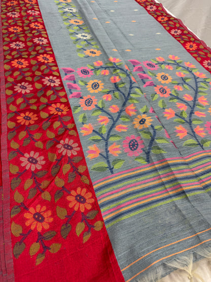Bidisha | Grey & Red Semi Matka Tussar Jamdani Saree image 4