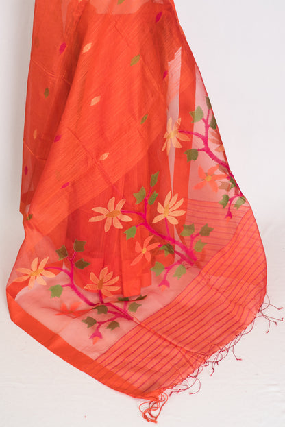 Gayetri: Orange Bengal Linen-Cotton Saree with Resham Jamdani Pallu image 3