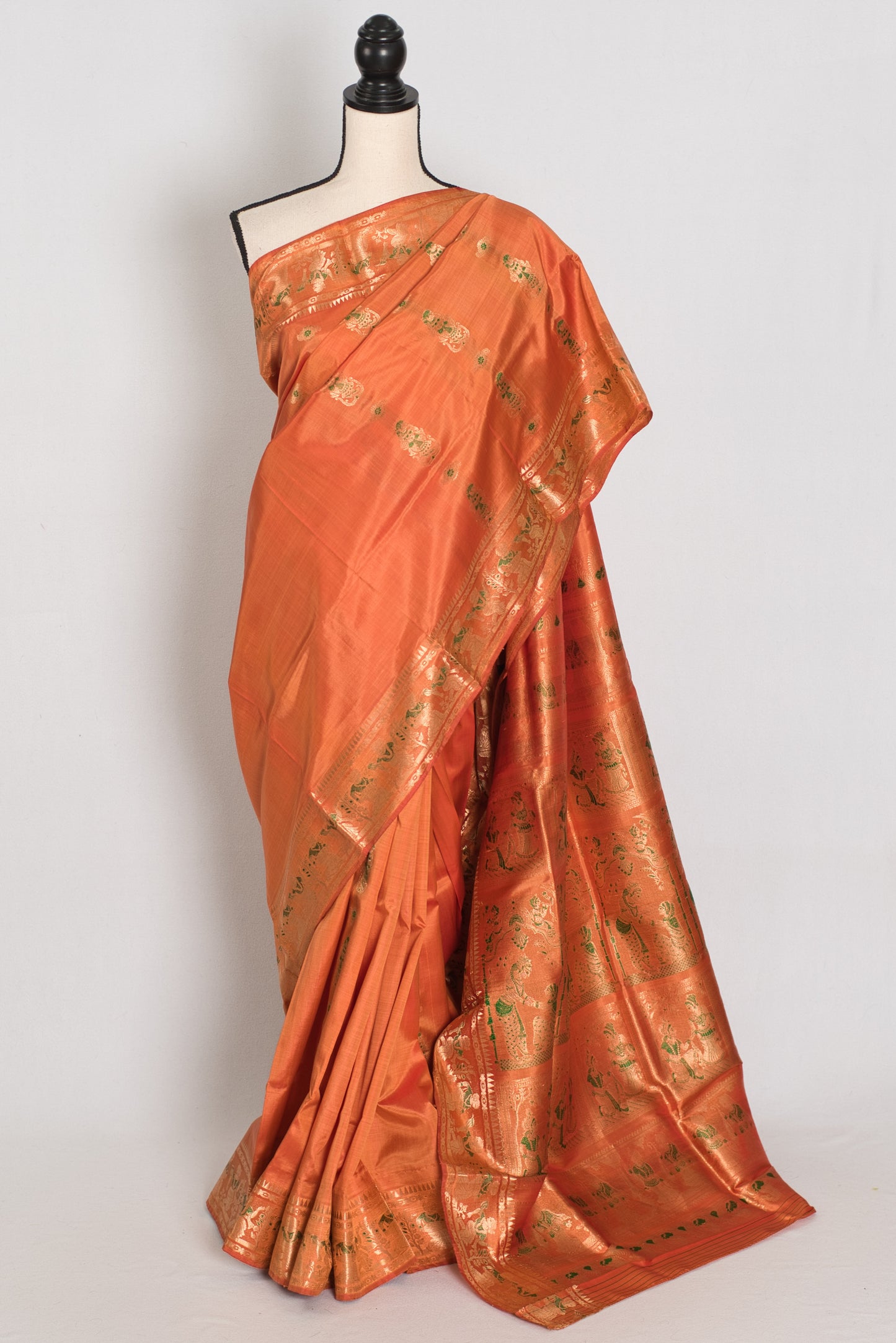 Gauri | Orange and Green Handwoven Bishnupuri Minakari Swarnachari Silk Saree image 0