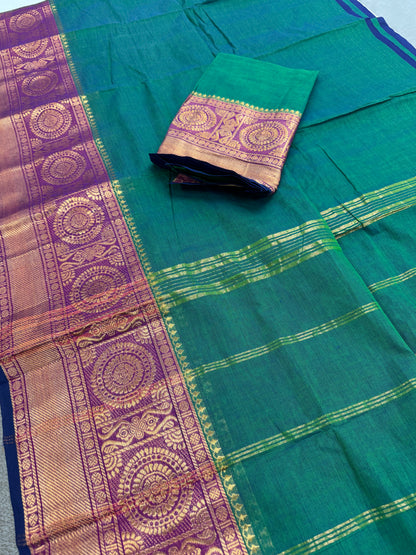 Valli : Peacock Green Kanchi Cotton Saree - Handwoven South Indian Elegance image 1