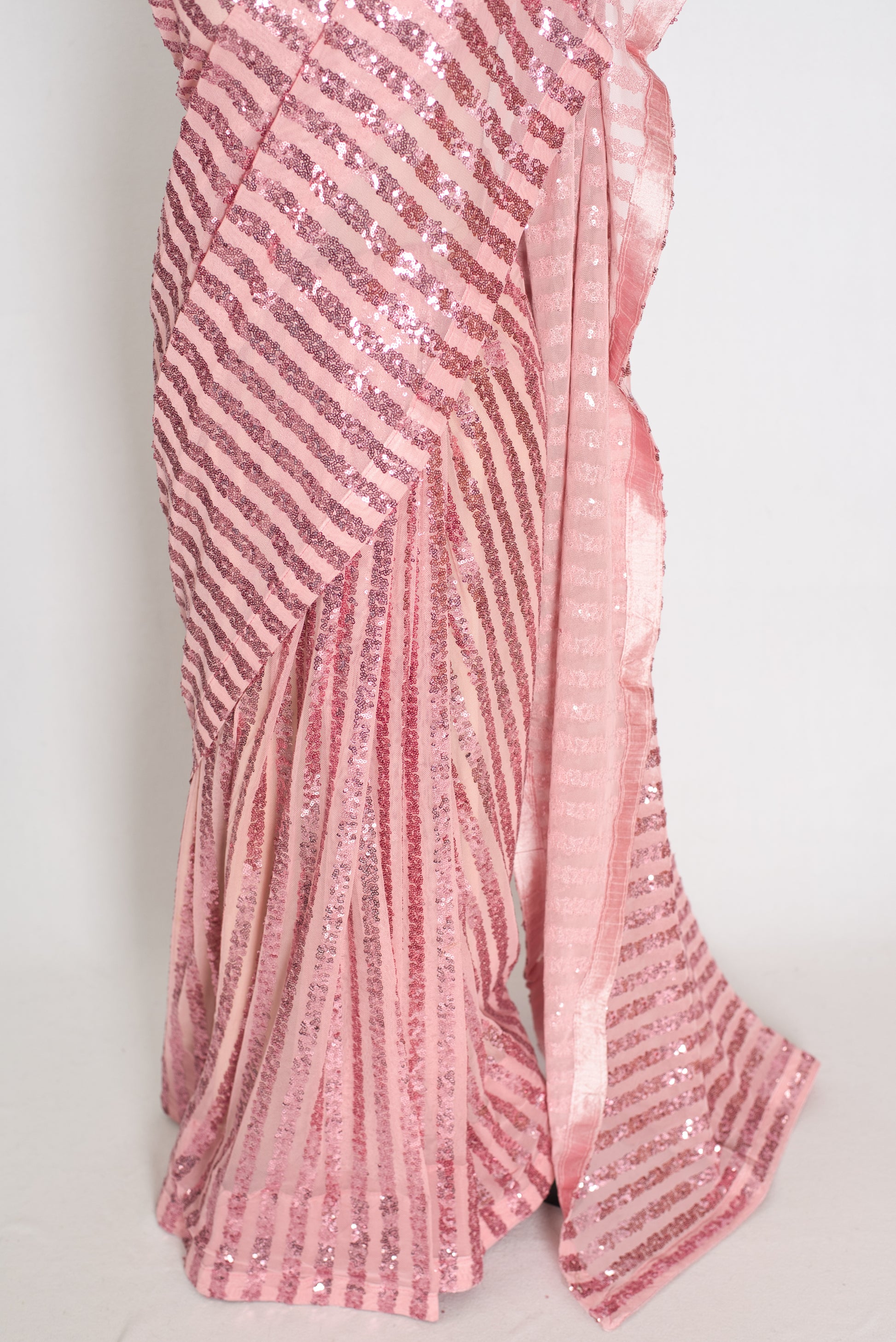 Afrin | Pink Soft Net Sequin Saree | Linear Shimmer Stripe Patterns image 3