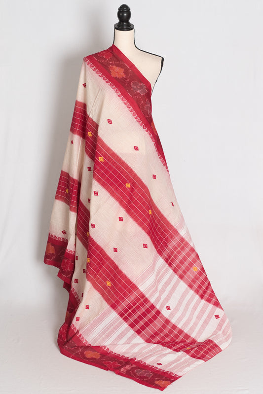Mehuli: Kora White and Red Kotki Border Soft Cotton Dhaniakhali Saree image 1