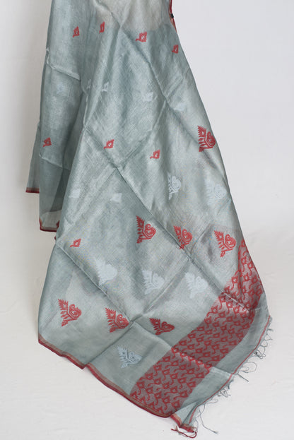 Benu: Grey & Red Bengal Tussar Silk Saree | Intricate Jamdani Weaving image 3
