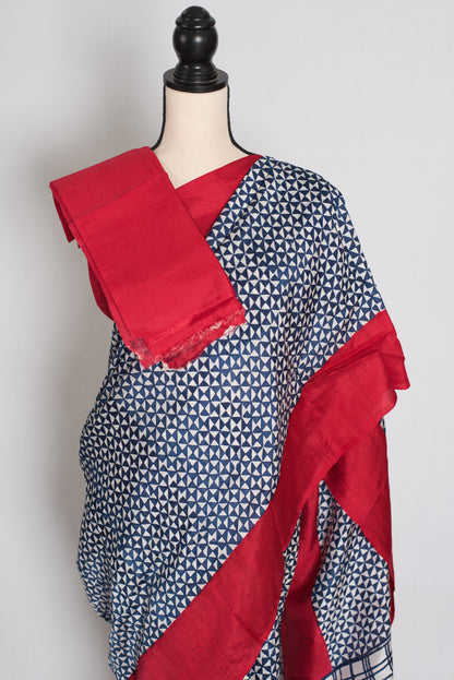 Arundhuti : Blue and Red Contemporary Hand Block Printed Murshidabad Silk Saree image 2