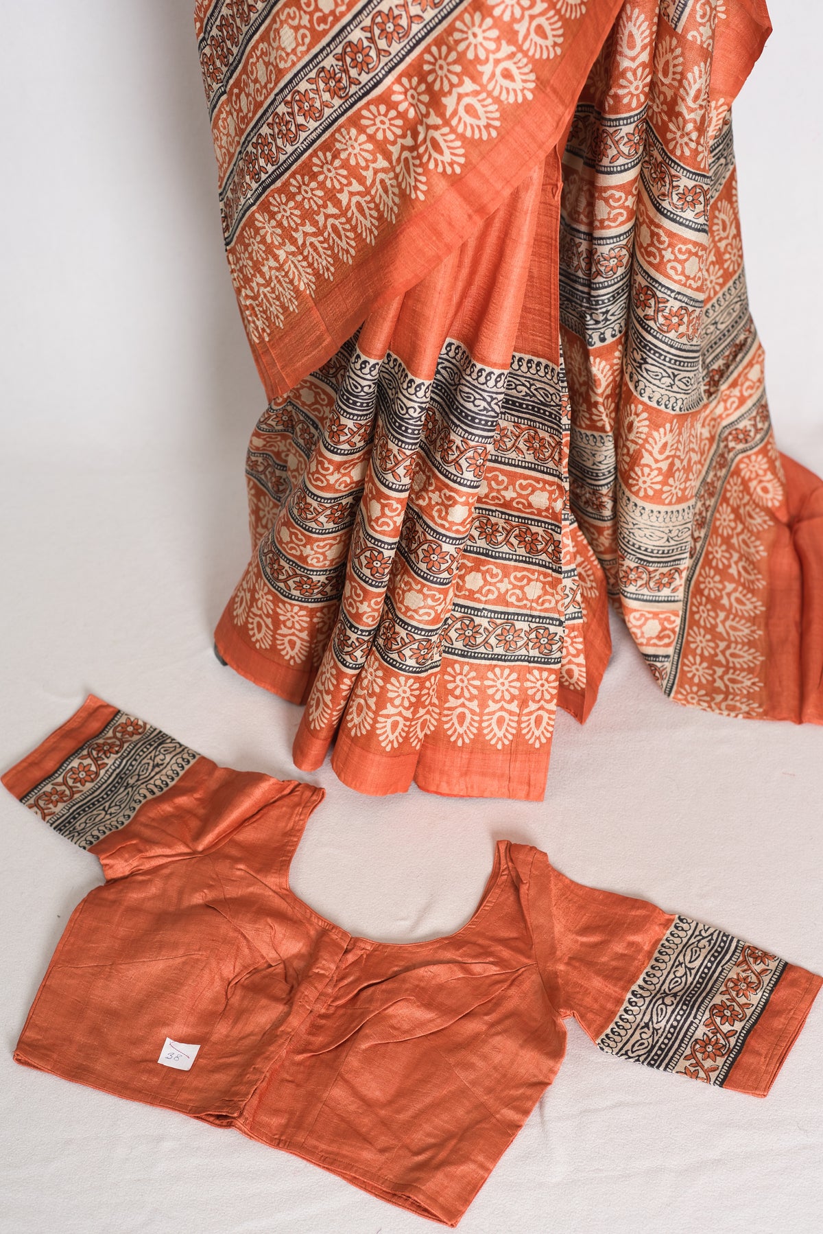 Indu : Orange Block Printed Pure Tussar Silk Saree with 38 Size Blouse image 1