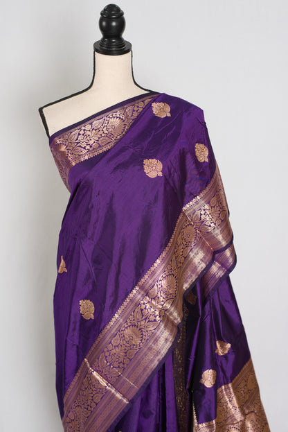 Naina | Deep Purple & Antique Gold Pure Katan Silk Banarasi Saree image 3