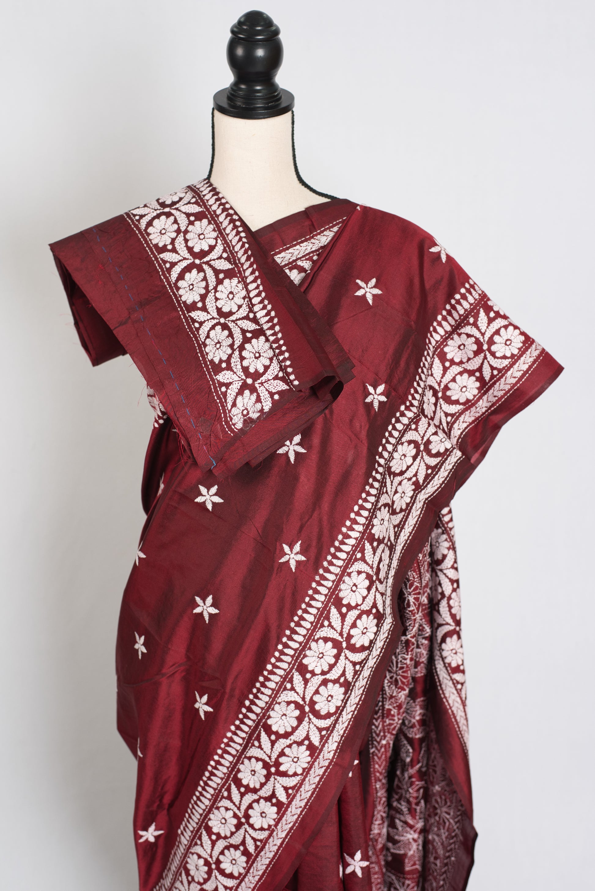 Sarini : Silk Mark Certified Maroon Hand Embroidery Kantha Stitch Silk Saree image 2