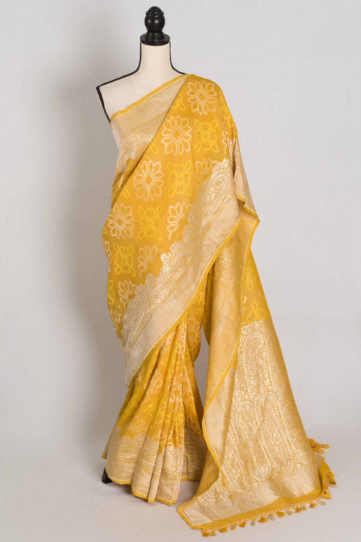 Gauri : Yellow Bandhani Tussar Georgette Banarasi Saree | Silk Mark Certified image 0