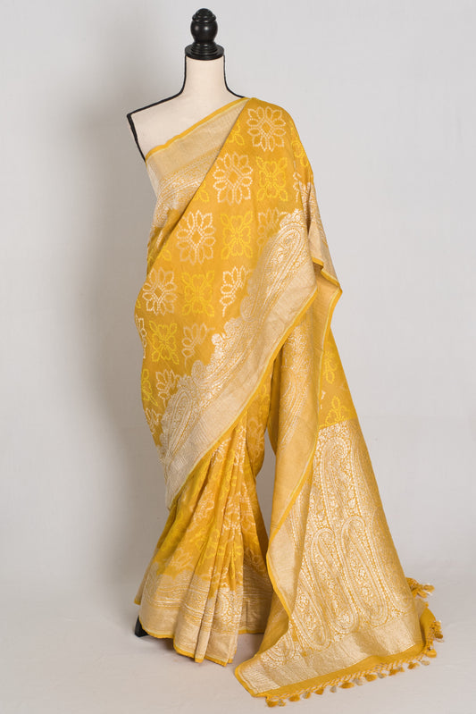 Gauri : Yellow Bandhani Tussar Georgette Banarasi Saree | Silk Mark Certified image 0
