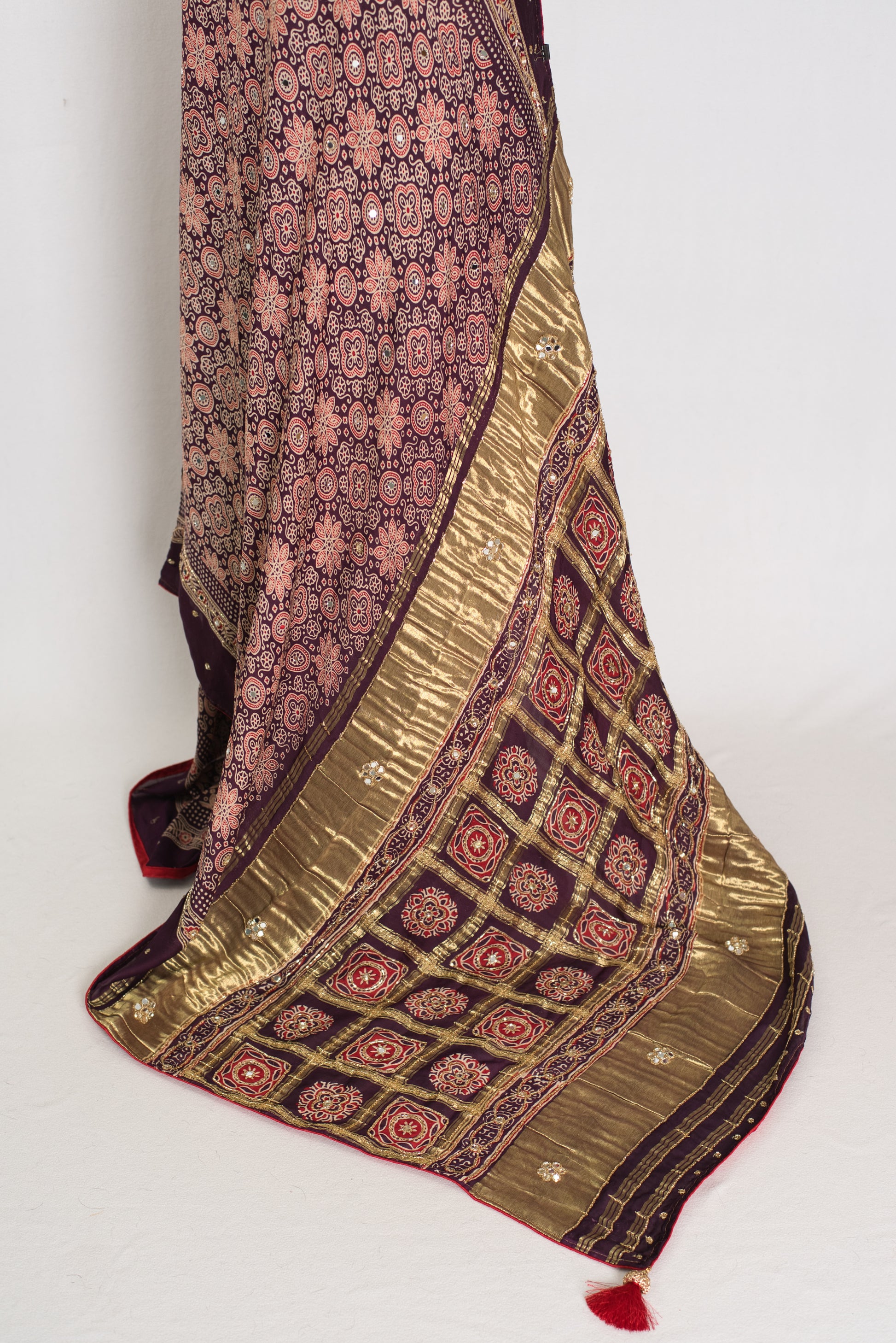 Sarah: Deep Purple Ajrakh Modal Silk Saree | Mirror & Cut Dana Work image 1