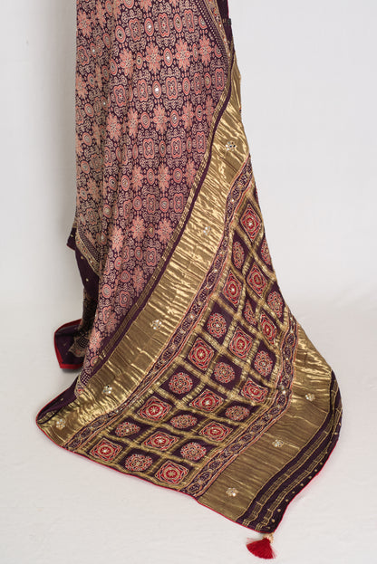Sarah: Deep Purple Ajrakh Modal Silk Saree | Mirror & Cut Dana Work image 1
