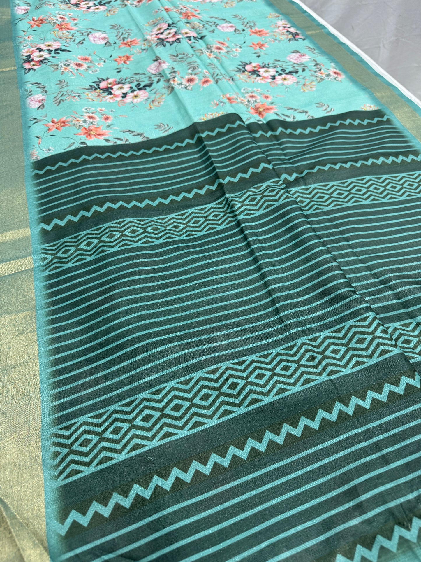 Shazia | Sea Green Floral Printed Semi Tussar Saree image 4