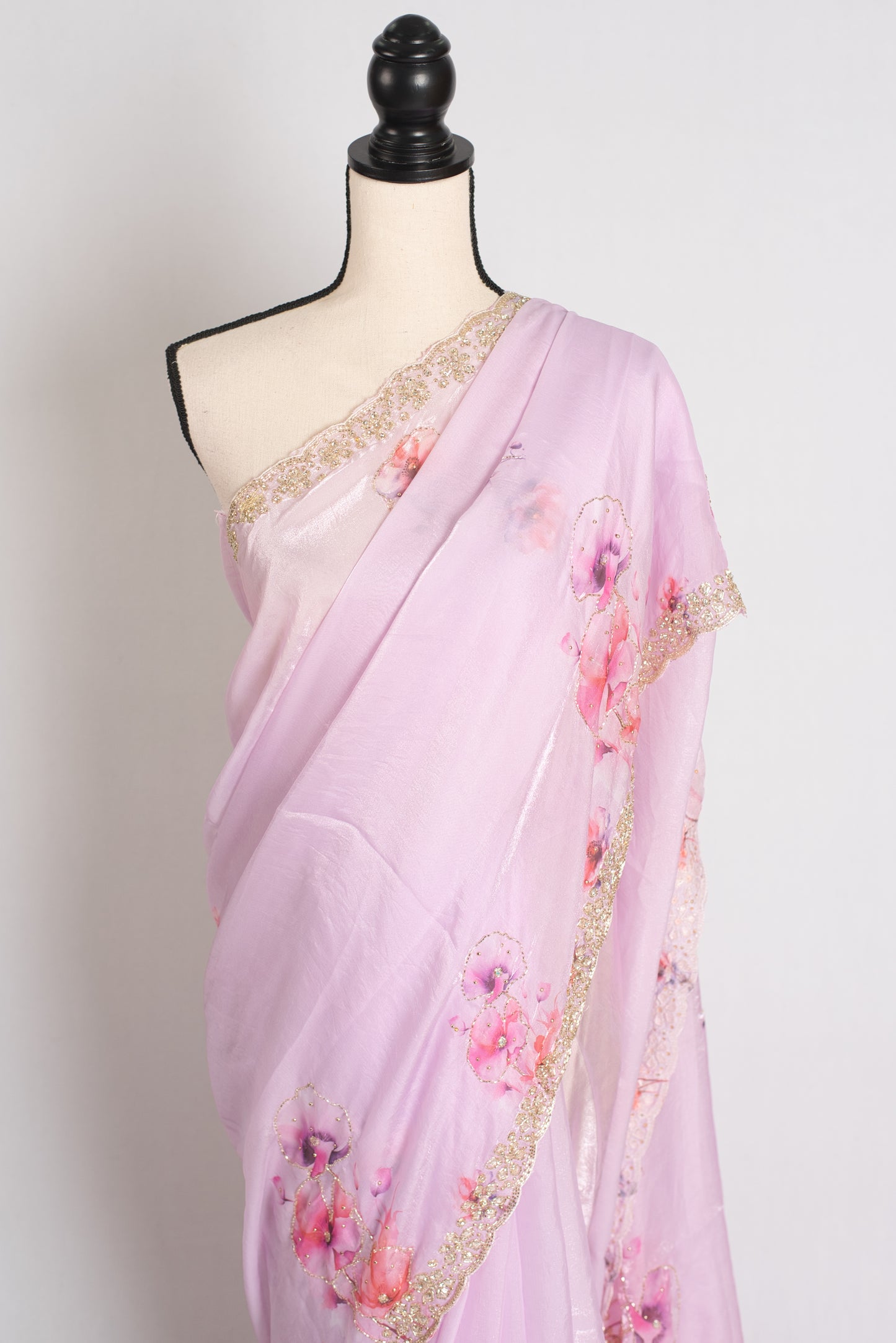 Ishq : Lavender Printed Glass Tissue Saree with Hand Embroidery Border image 4