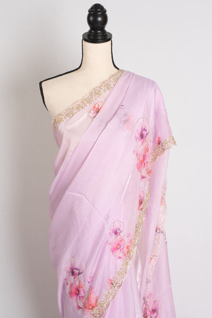 Ishq : Lavender Printed Glass Tissue Saree with Hand Embroidery Border image 4