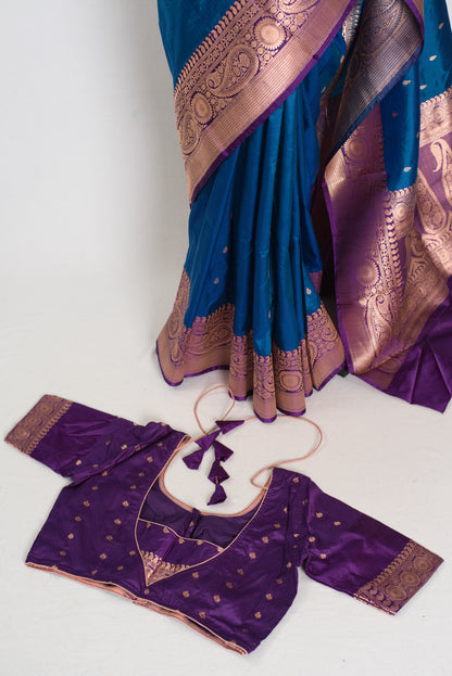 Mahi | Royal Blue Pure Katan Silk Banarasi Saree with 40 Size Stitched Blouse image 2