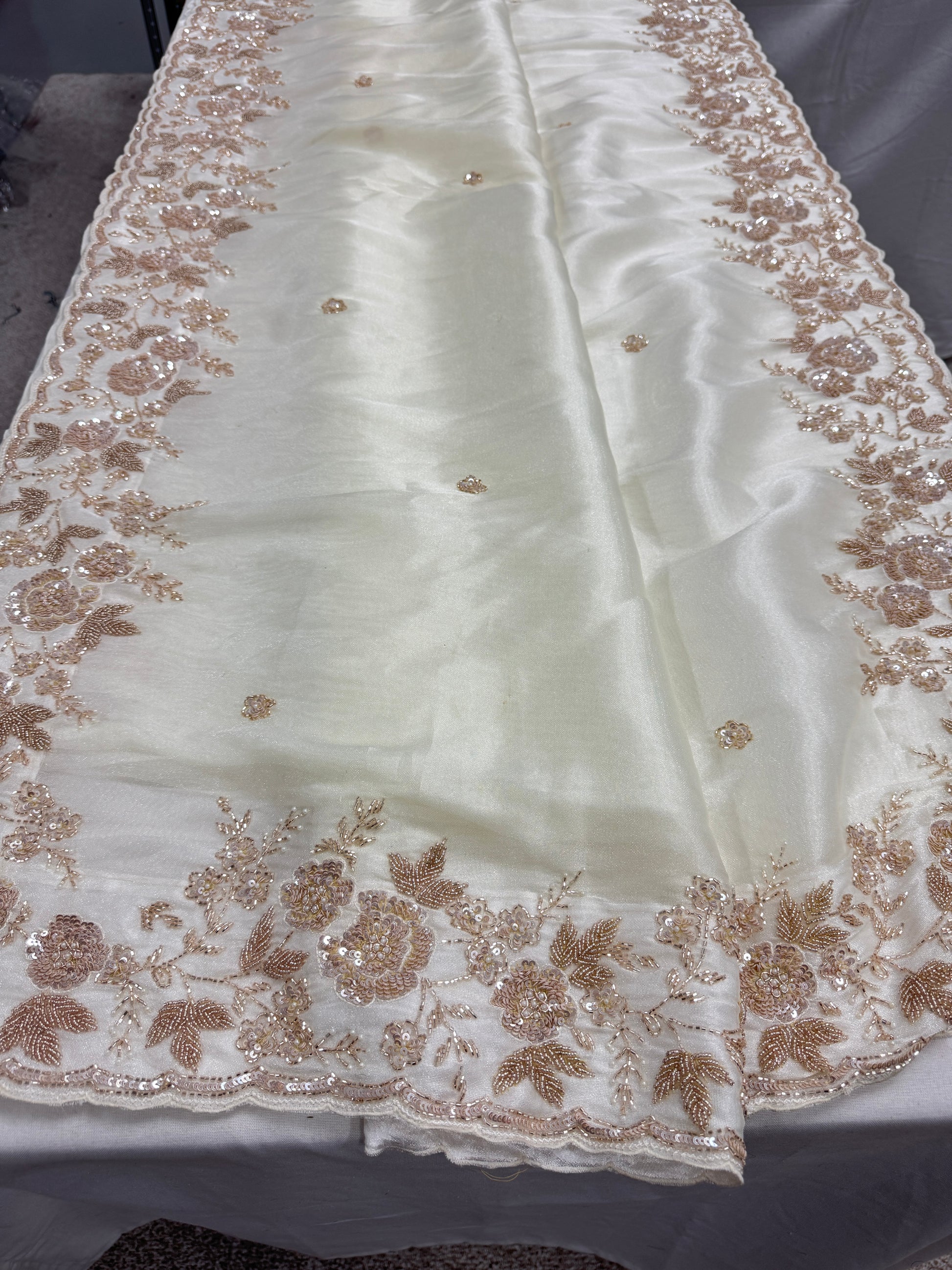 Reeva: Cream & Gold Hand Embroidered Tissue Saree | Wedding Wear image 7