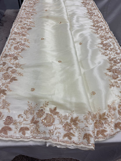 Reeva: Cream & Gold Hand Embroidered Tissue Saree | Wedding Wear image 7