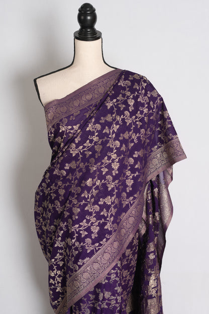 Afrin: Purple and Gold Semi Georgette Jaal Banarasi Saree image 5
