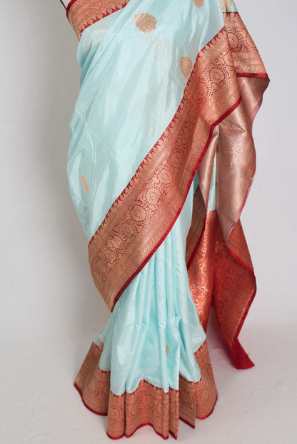Madhavi : Certified Katan Silk Banarasi Saree in Sky Blue and Red image 5